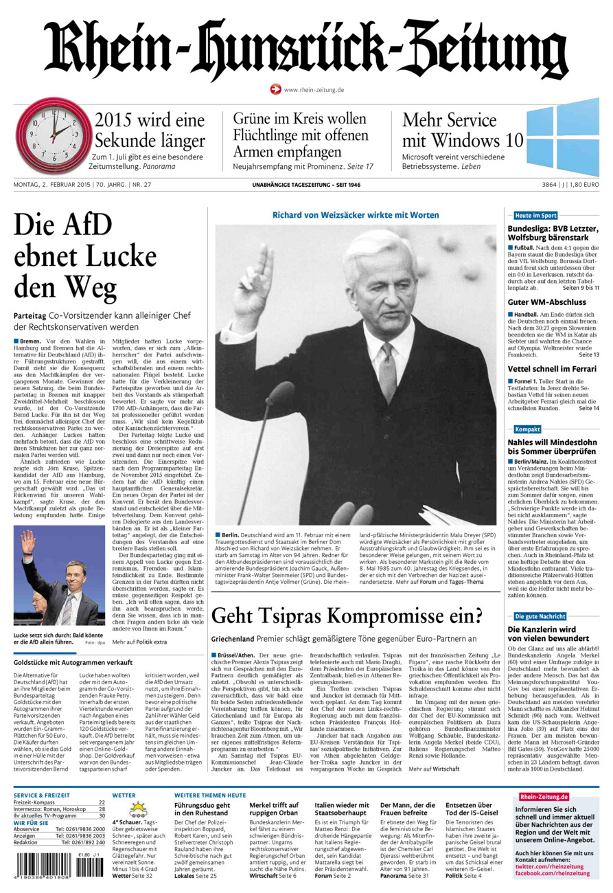 Rhein-Hunsrück-Zeitung vom Montag, 02.02.2015