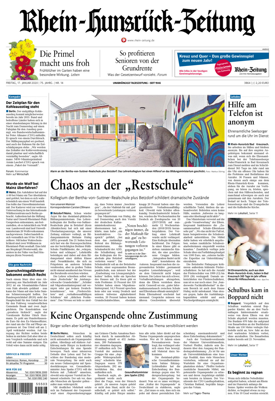 Rhein-Hunsrück-Zeitung vom Freitag, 17.01.2020