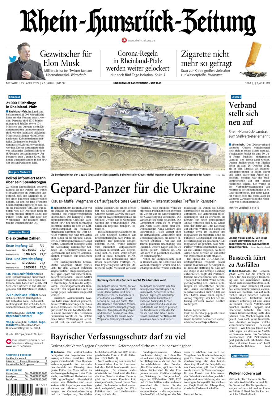 Rhein-Hunsrück-Zeitung vom Mittwoch, 27.04.2022