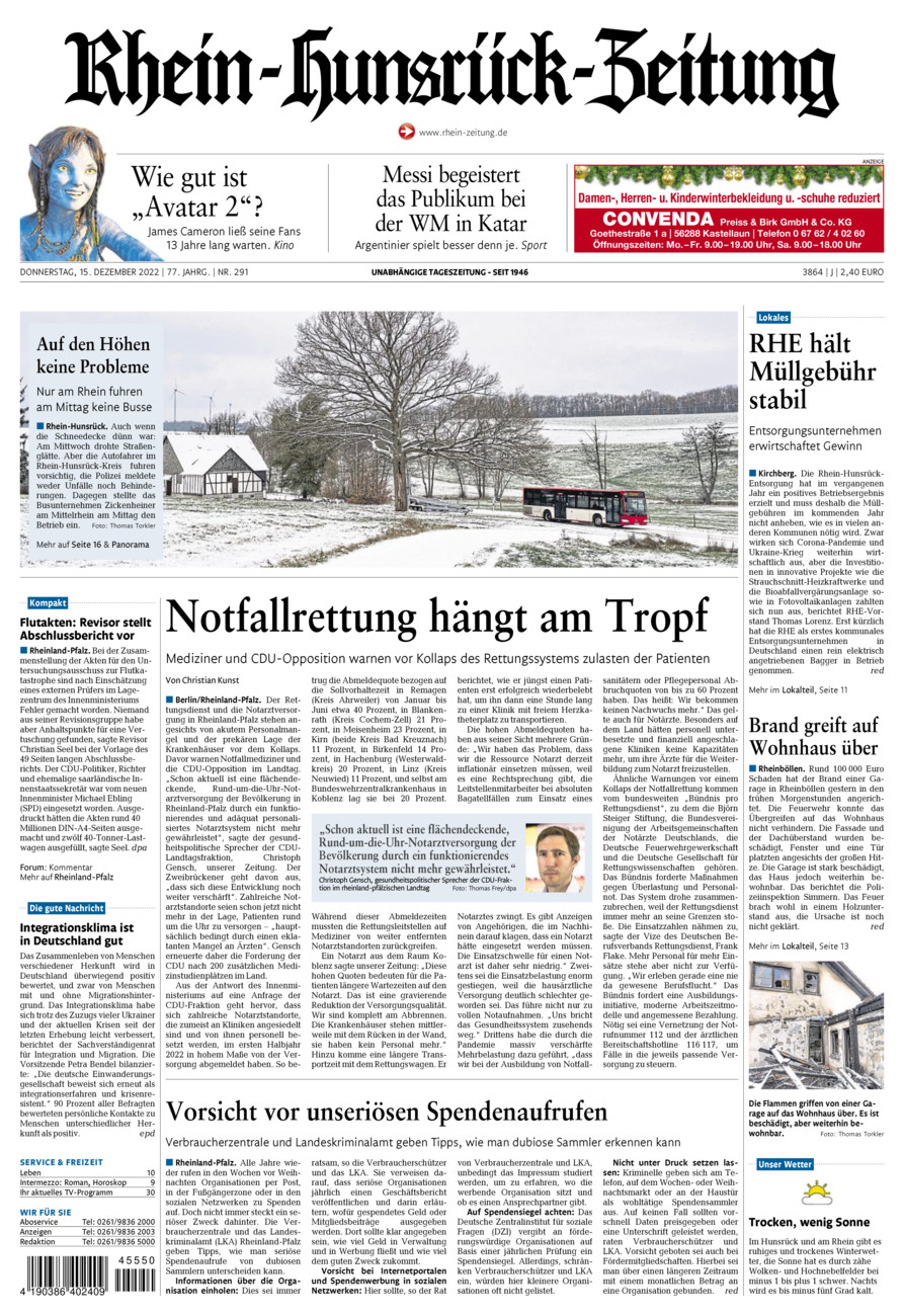 Rhein-Hunsrück-Zeitung vom Donnerstag, 15.12.2022