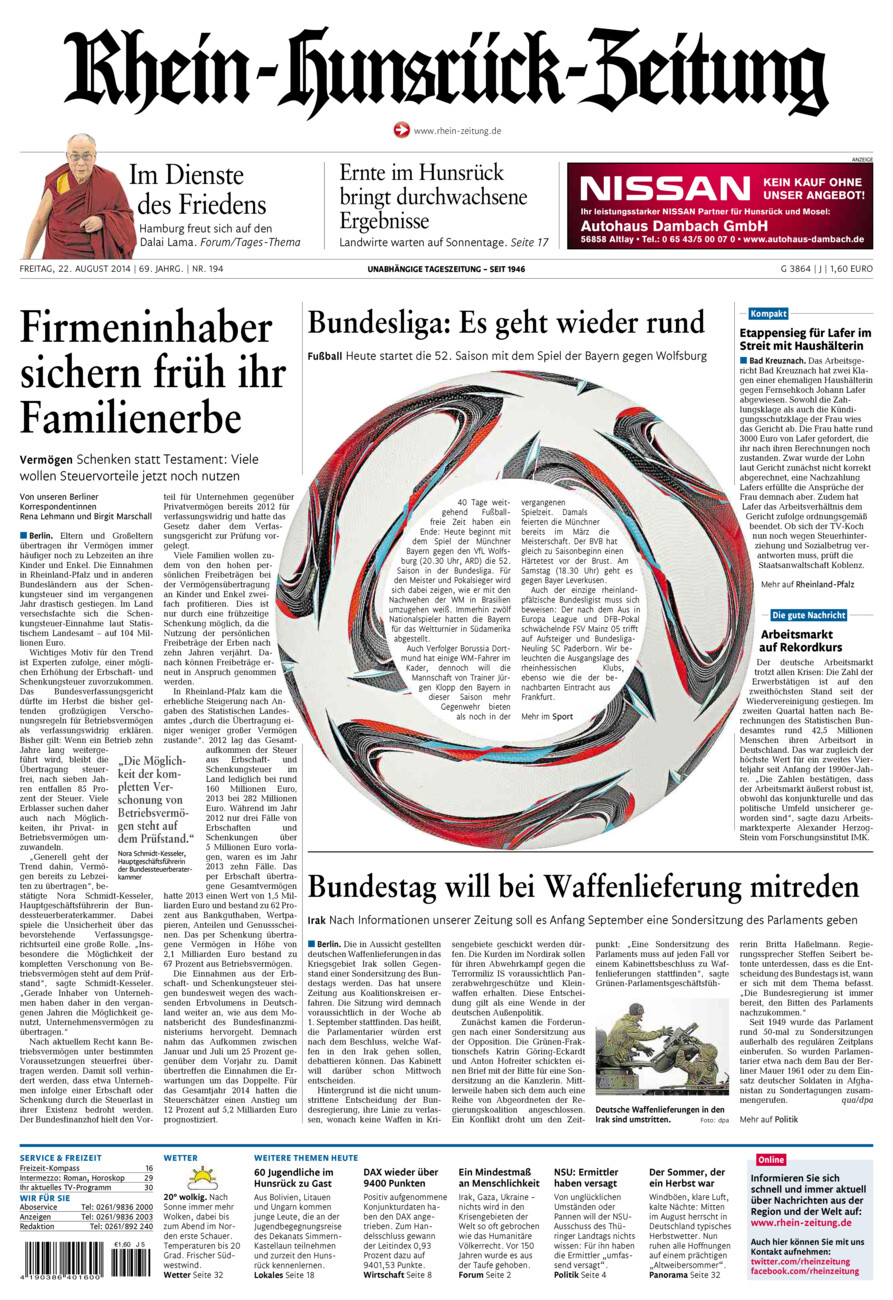 Rhein-Hunsrück-Zeitung vom Freitag, 22.08.2014