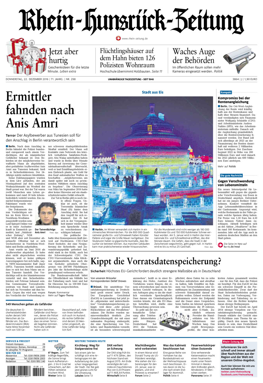 Rhein-Hunsrück-Zeitung vom Donnerstag, 22.12.2016