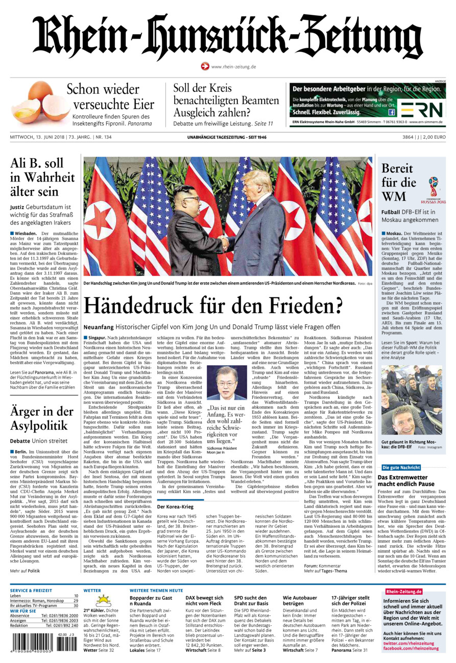 Rhein-Hunsrück-Zeitung vom Mittwoch, 13.06.2018