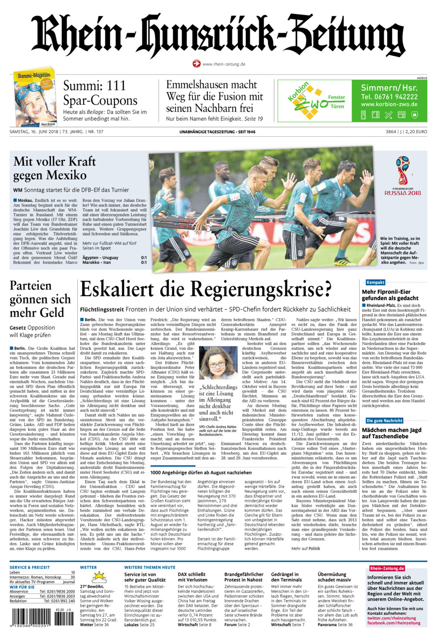 Rhein-Hunsrück-Zeitung vom Samstag, 16.06.2018