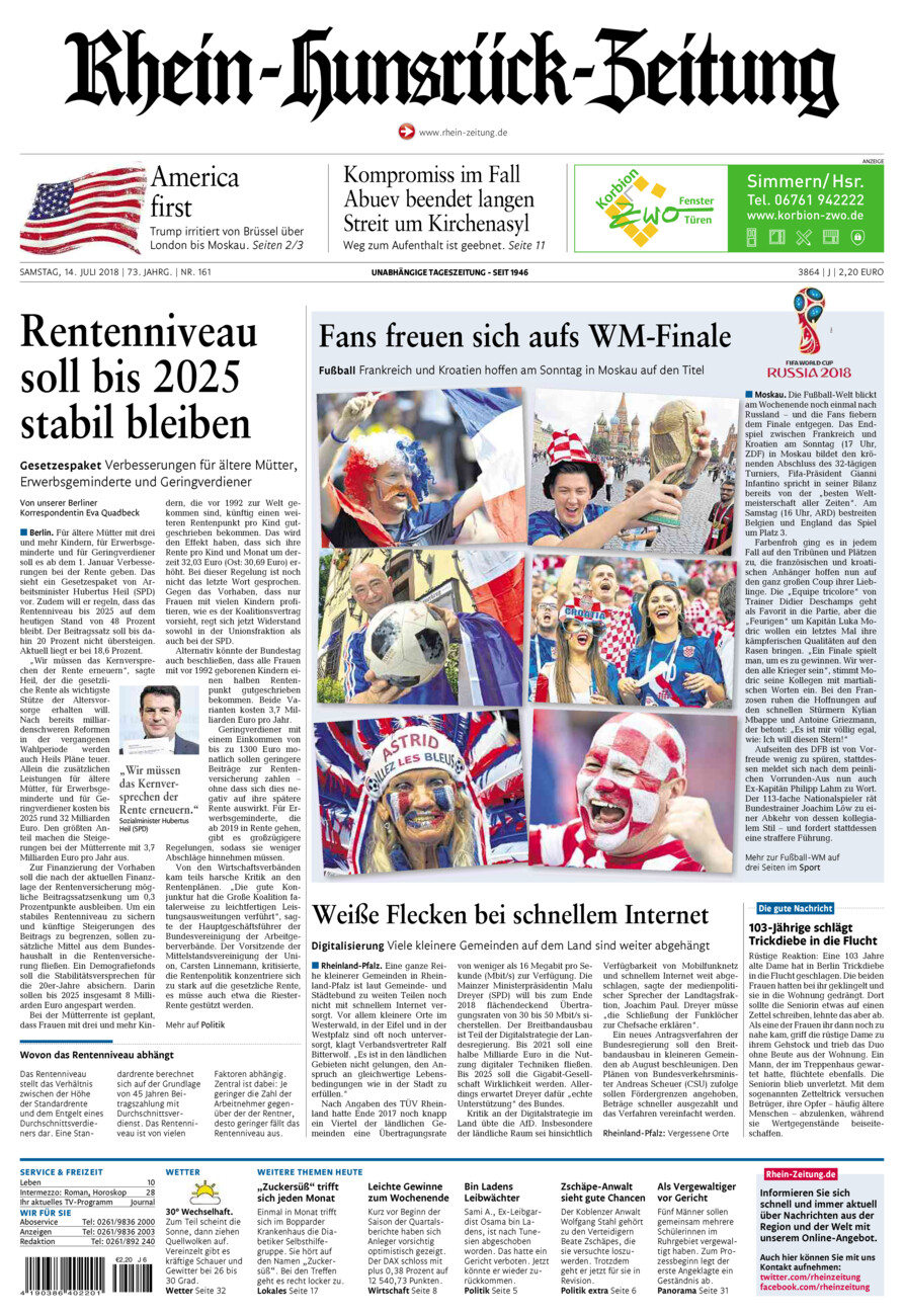 Rhein-Hunsrück-Zeitung vom Samstag, 14.07.2018