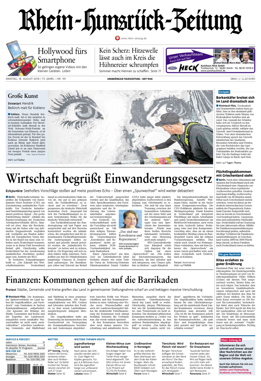 Rhein-Hunsrück-Zeitung vom Samstag, 18.08.2018