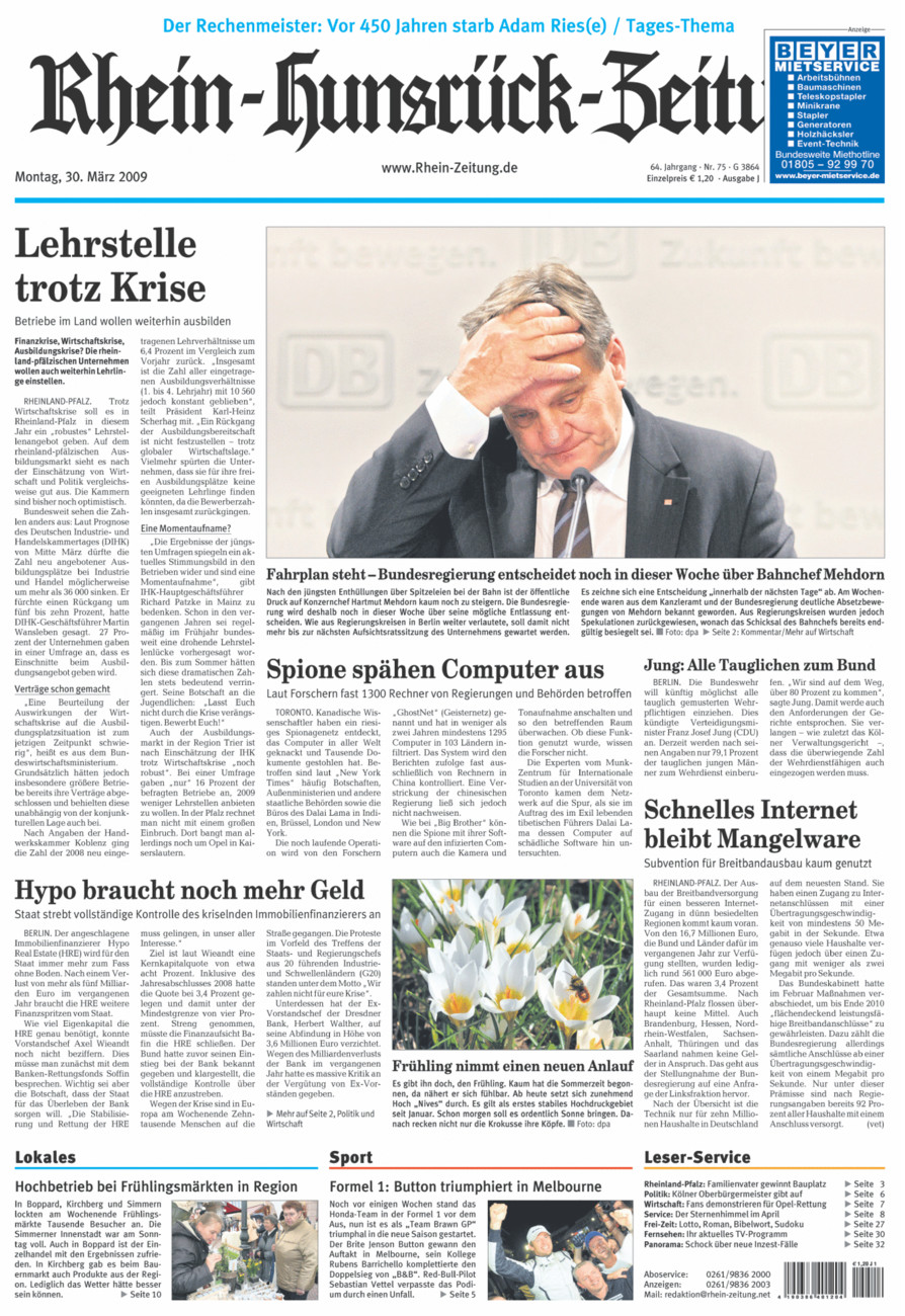 Rhein-Hunsrück-Zeitung vom Montag, 30.03.2009