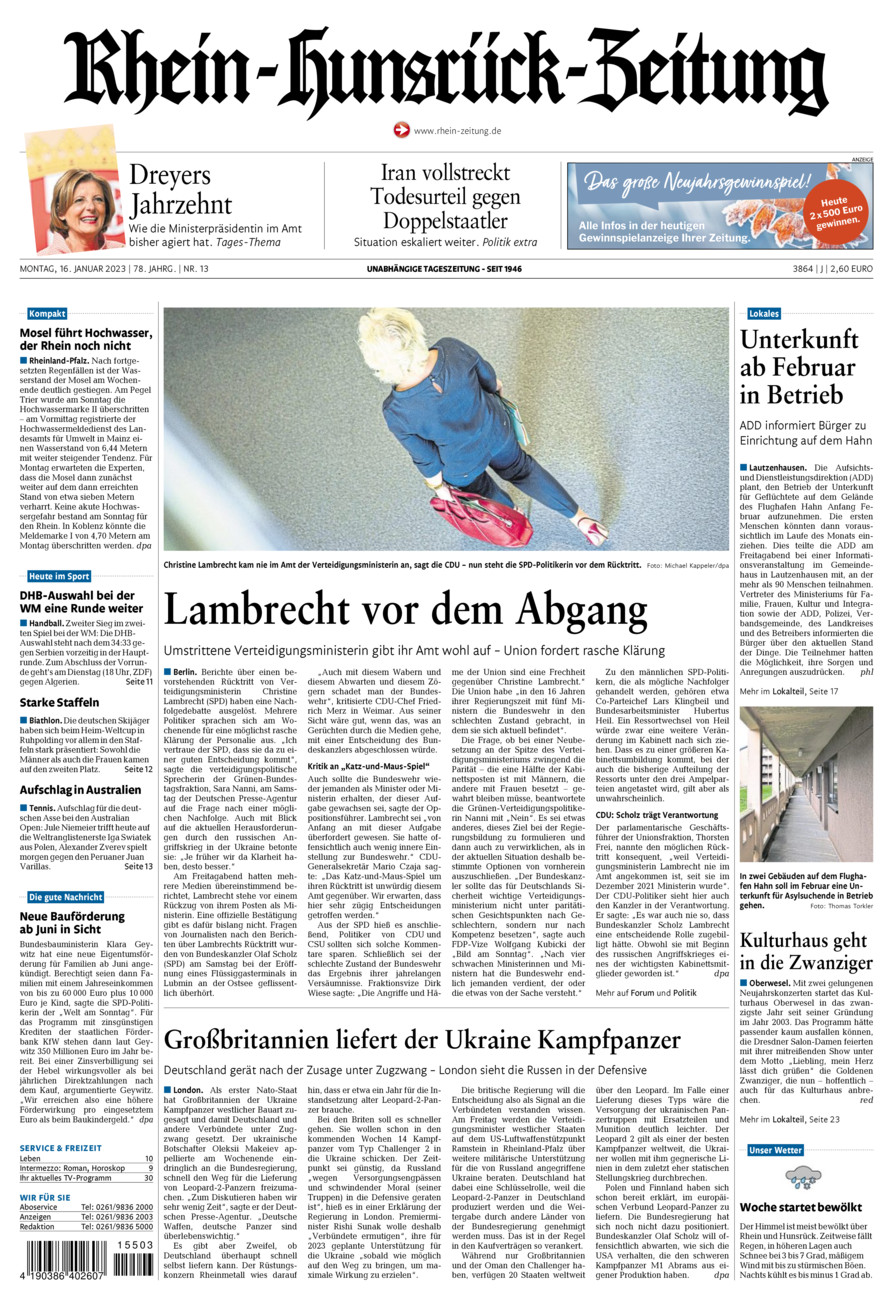 Rhein-Hunsrück-Zeitung vom Montag, 16.01.2023