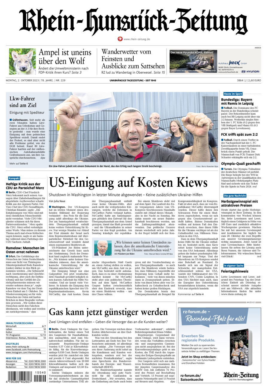 Rhein-Hunsrück-Zeitung vom Montag, 02.10.2023