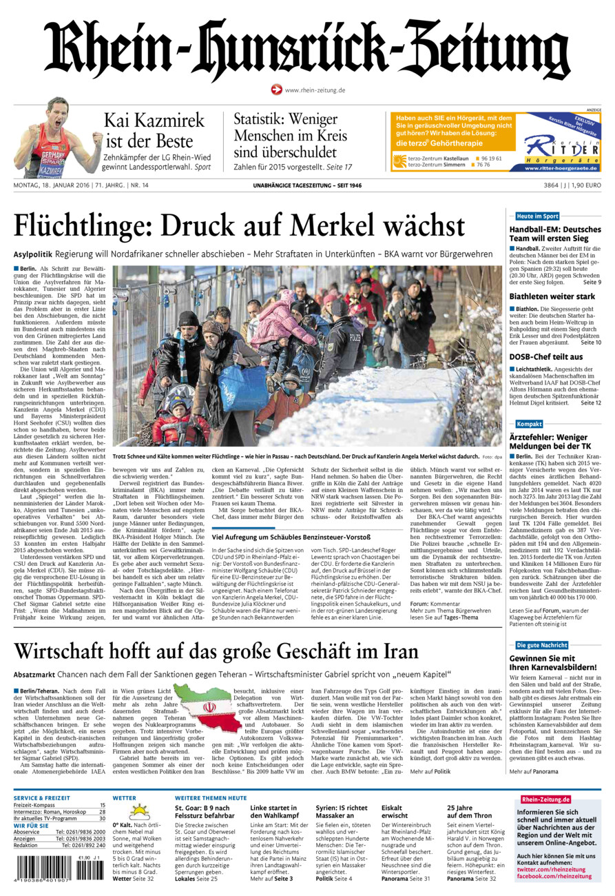 Rhein-Hunsrück-Zeitung vom Montag, 18.01.2016