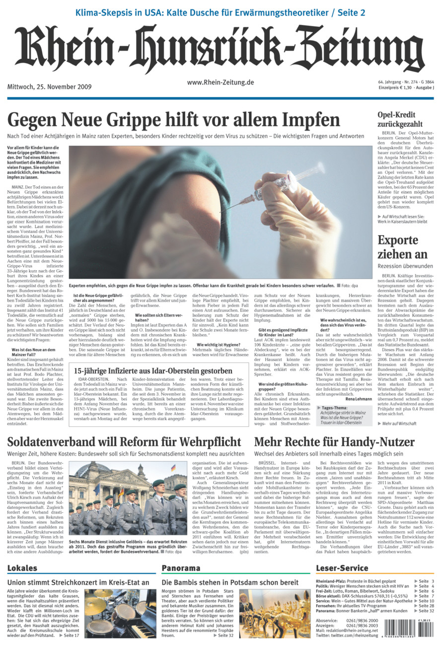 Rhein-Hunsrück-Zeitung vom Mittwoch, 25.11.2009