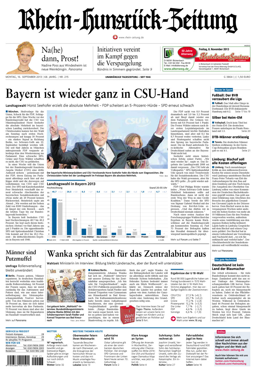 Rhein-Hunsrück-Zeitung vom Montag, 16.09.2013