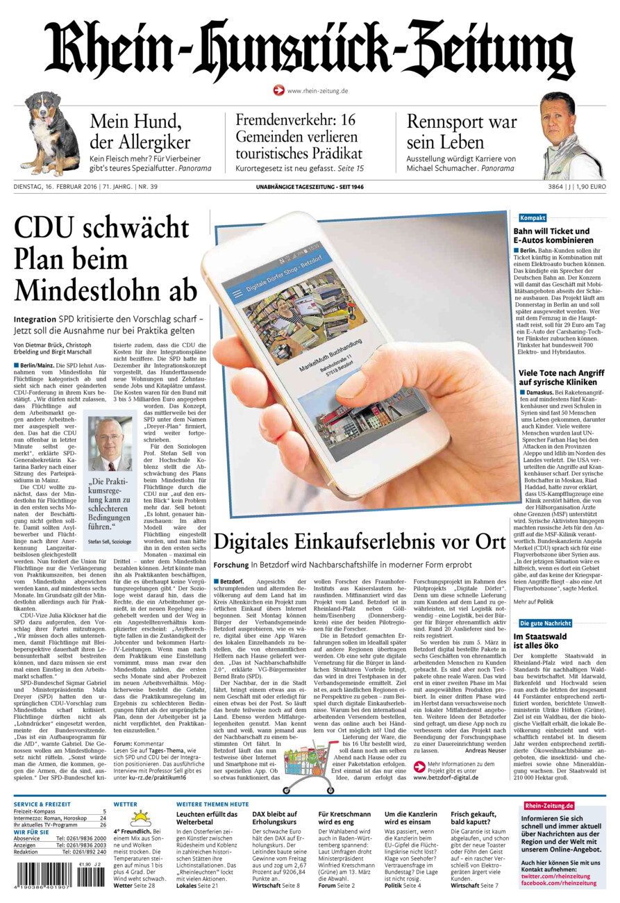 Rhein-Hunsrück-Zeitung vom Dienstag, 16.02.2016