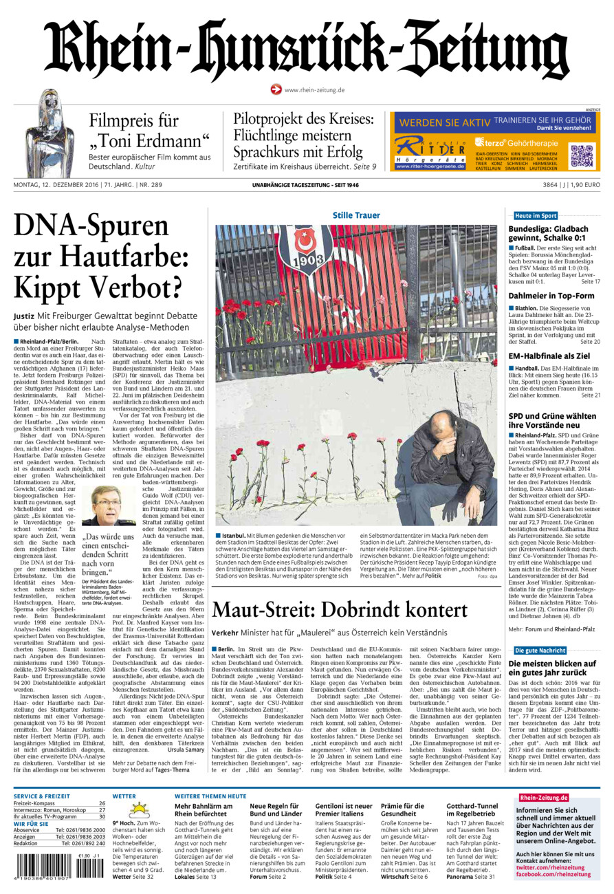 Rhein-Hunsrück-Zeitung vom Montag, 12.12.2016