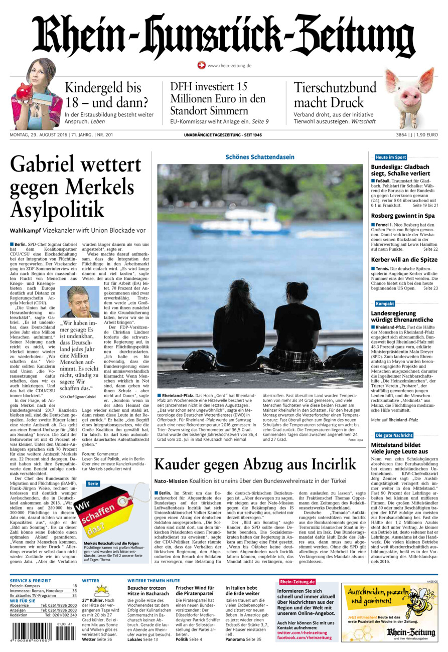 Rhein-Hunsrück-Zeitung vom Montag, 29.08.2016