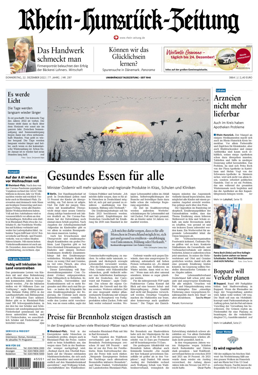 Rhein-Hunsrück-Zeitung vom Donnerstag, 22.12.2022