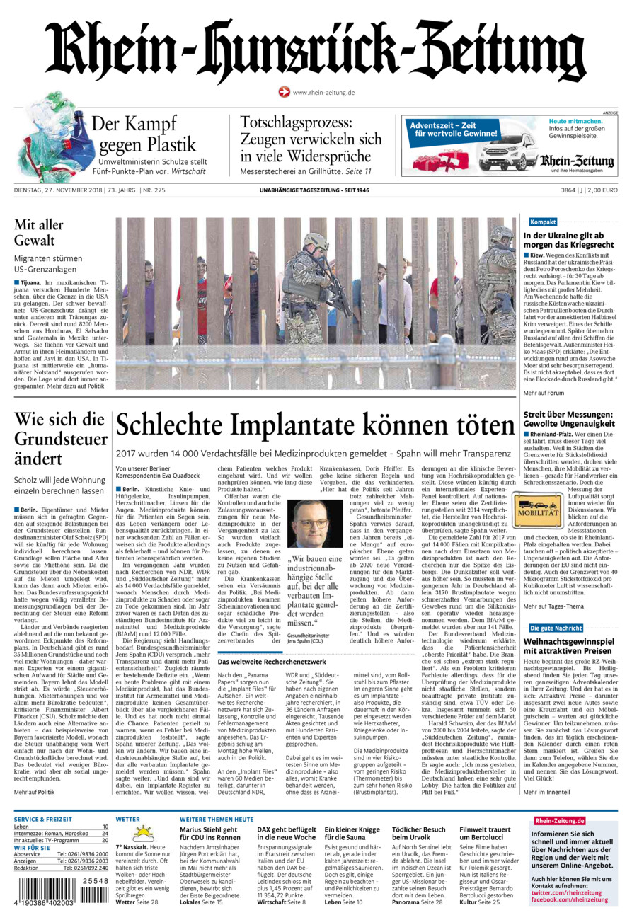 Rhein-Hunsrück-Zeitung vom Dienstag, 27.11.2018