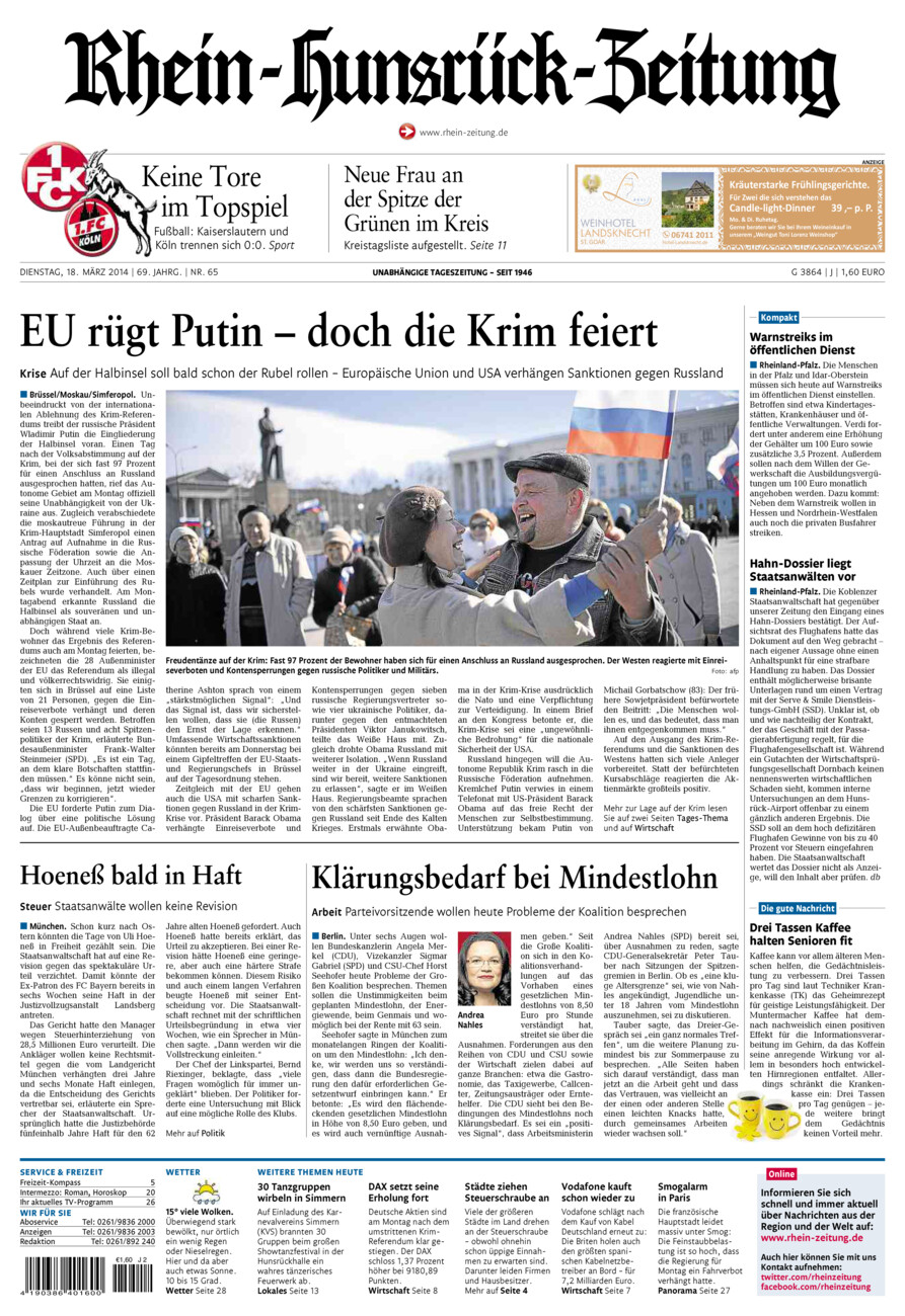 Rhein-Hunsrück-Zeitung vom Dienstag, 18.03.2014