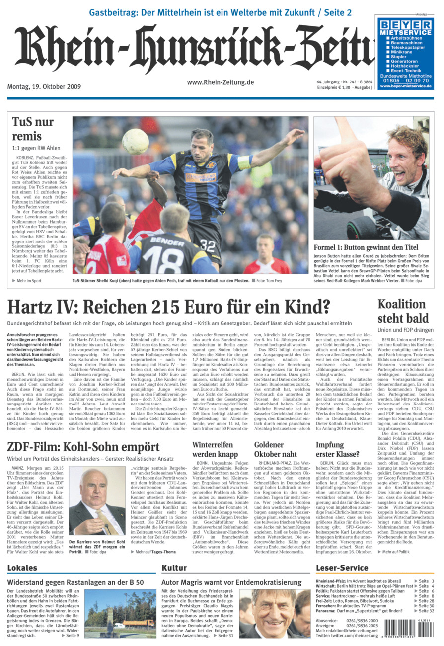 Rhein-Hunsrück-Zeitung vom Montag, 19.10.2009