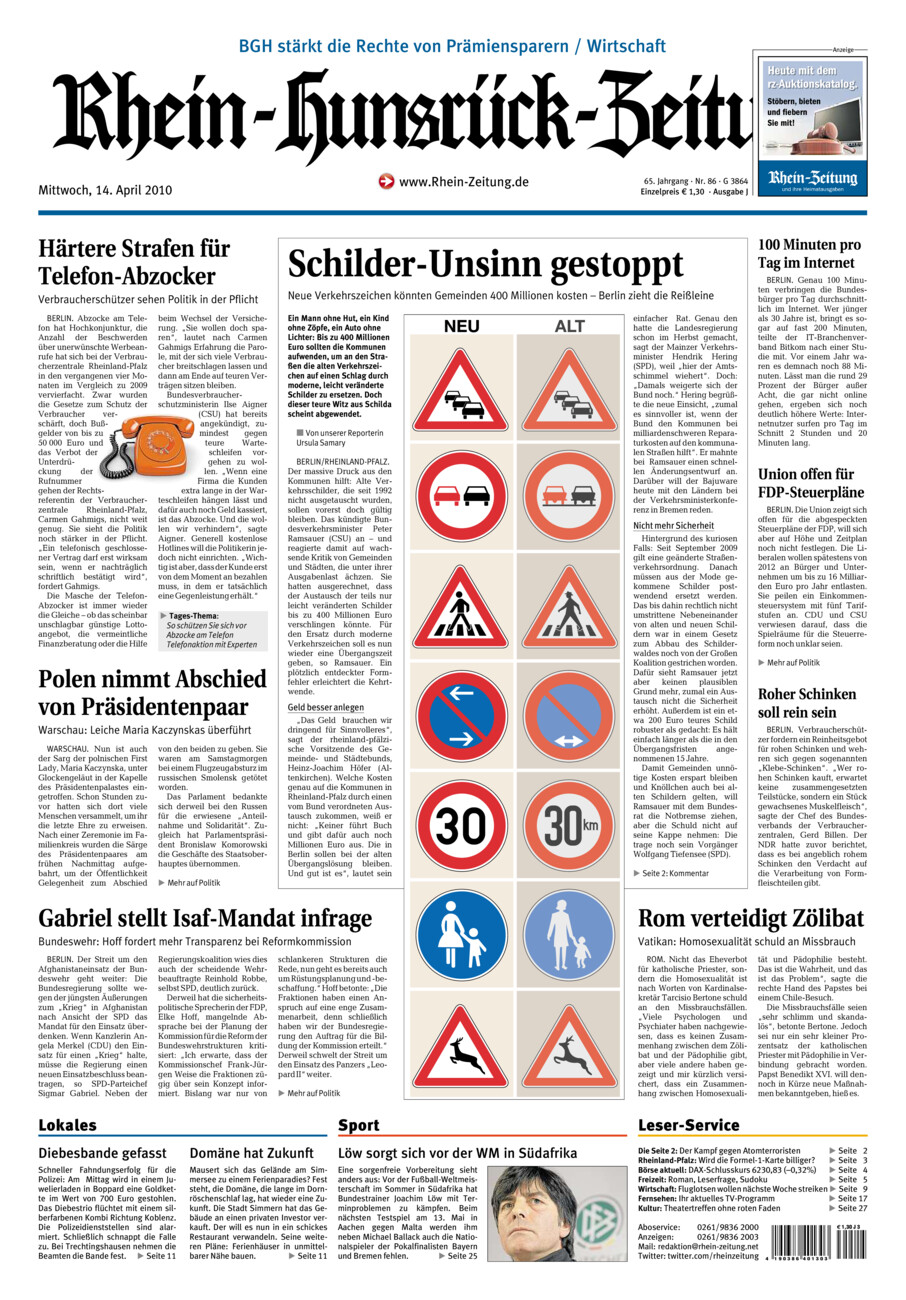 Rhein-Hunsrück-Zeitung vom Mittwoch, 14.04.2010
