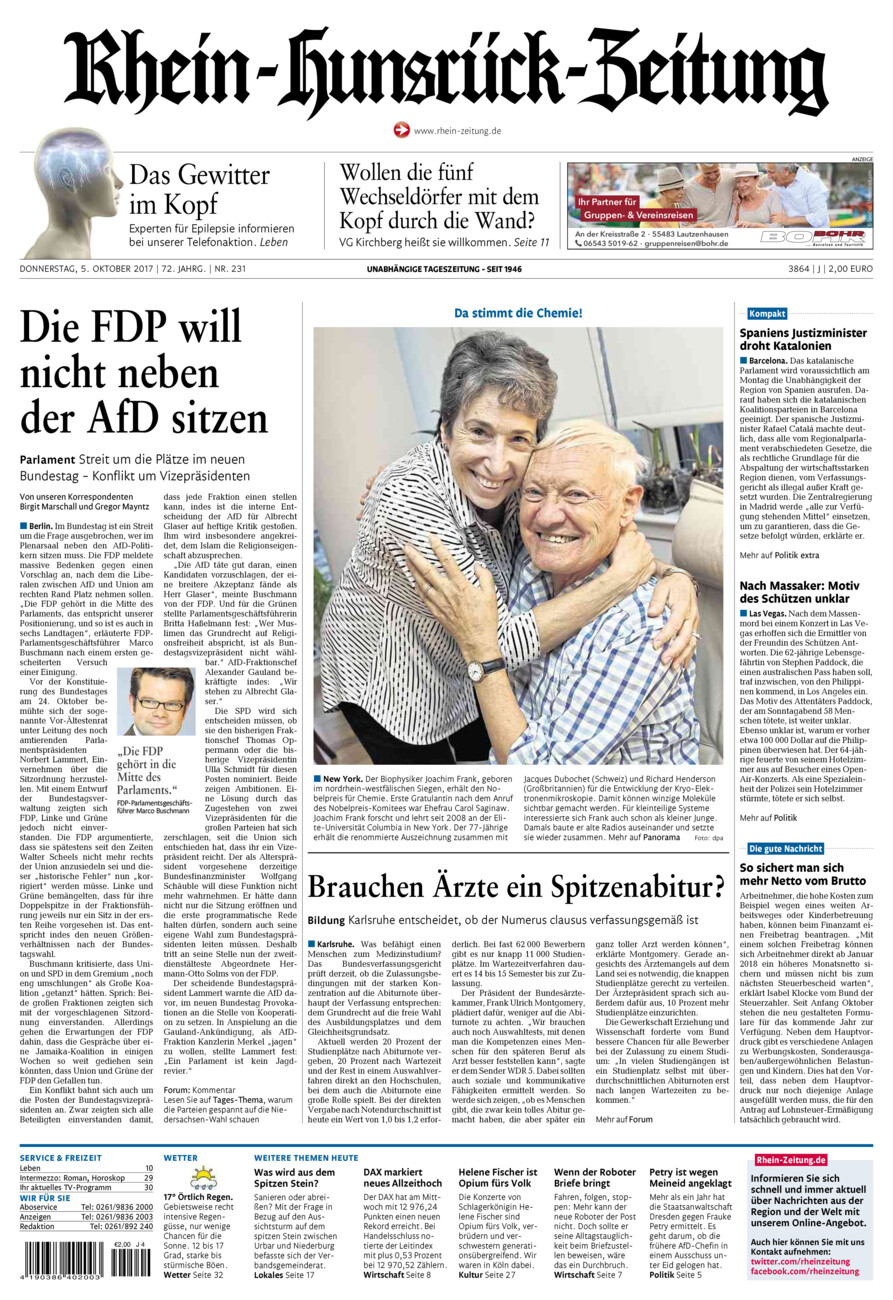 Rhein-Hunsrück-Zeitung vom Donnerstag, 05.10.2017