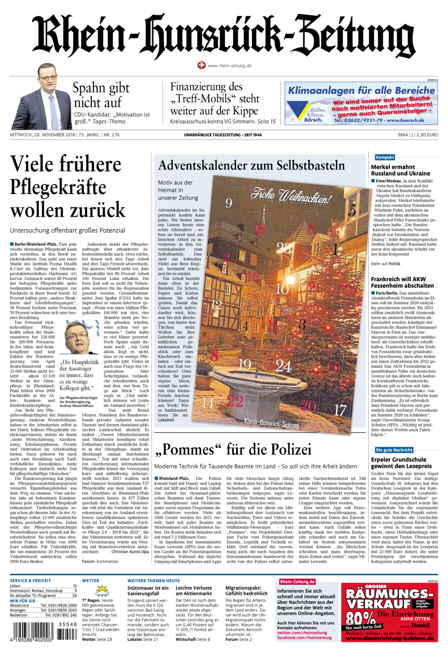 Rhein-Hunsrück-Zeitung vom Mittwoch, 28.11.2018
