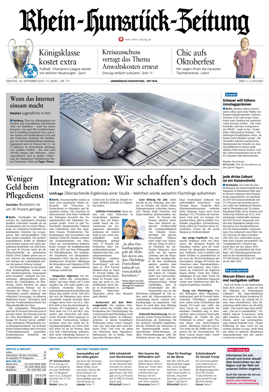 Rhein-Hunsrück-Zeitung vom Dienstag, 18.09.2018