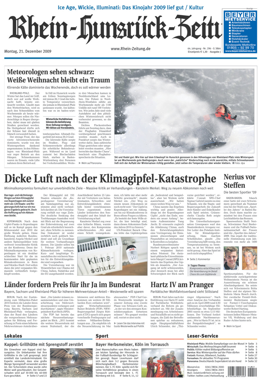 Rhein-Hunsrück-Zeitung vom Montag, 21.12.2009