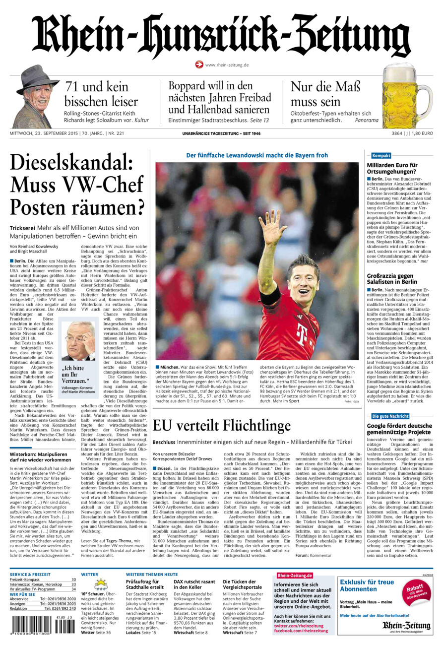 Rhein-Hunsrück-Zeitung vom Mittwoch, 23.09.2015