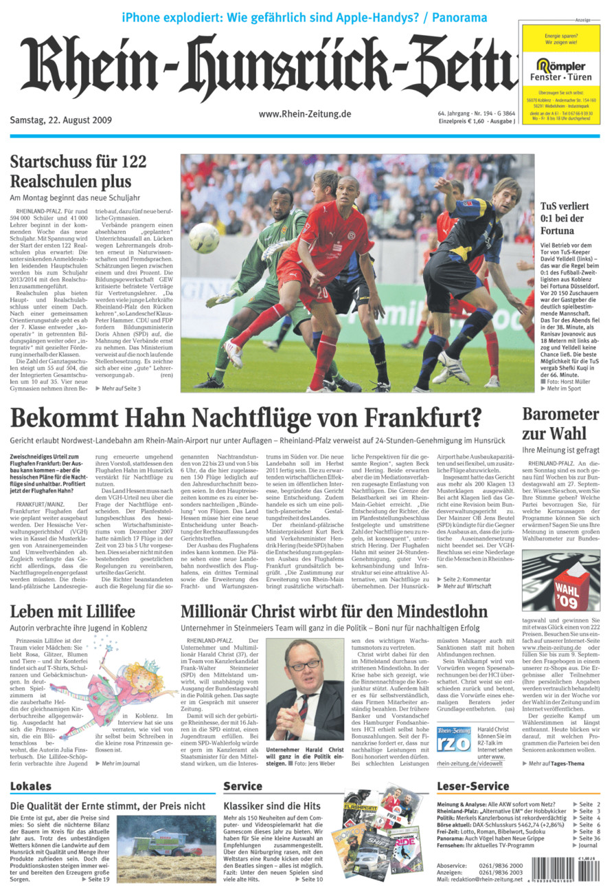 Rhein-Hunsrück-Zeitung vom Samstag, 22.08.2009