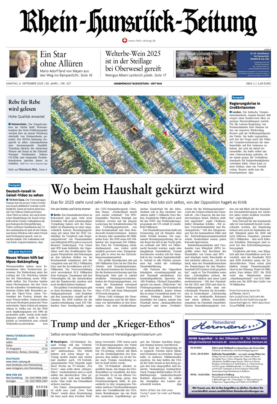Rhein-Hunsrück-Zeitung vom Samstag, 06.09.2025