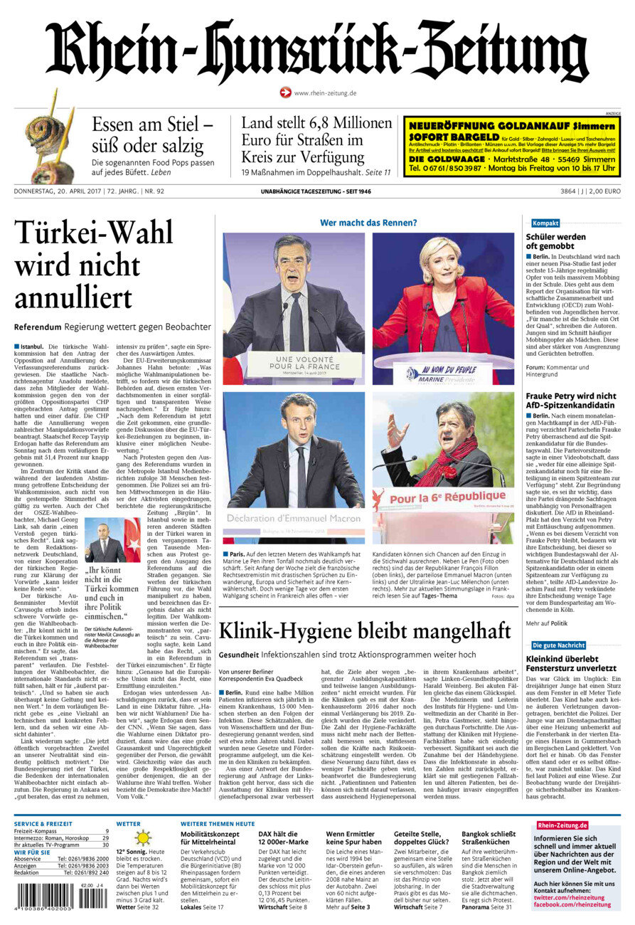 Rhein-Hunsrück-Zeitung vom Donnerstag, 20.04.2017