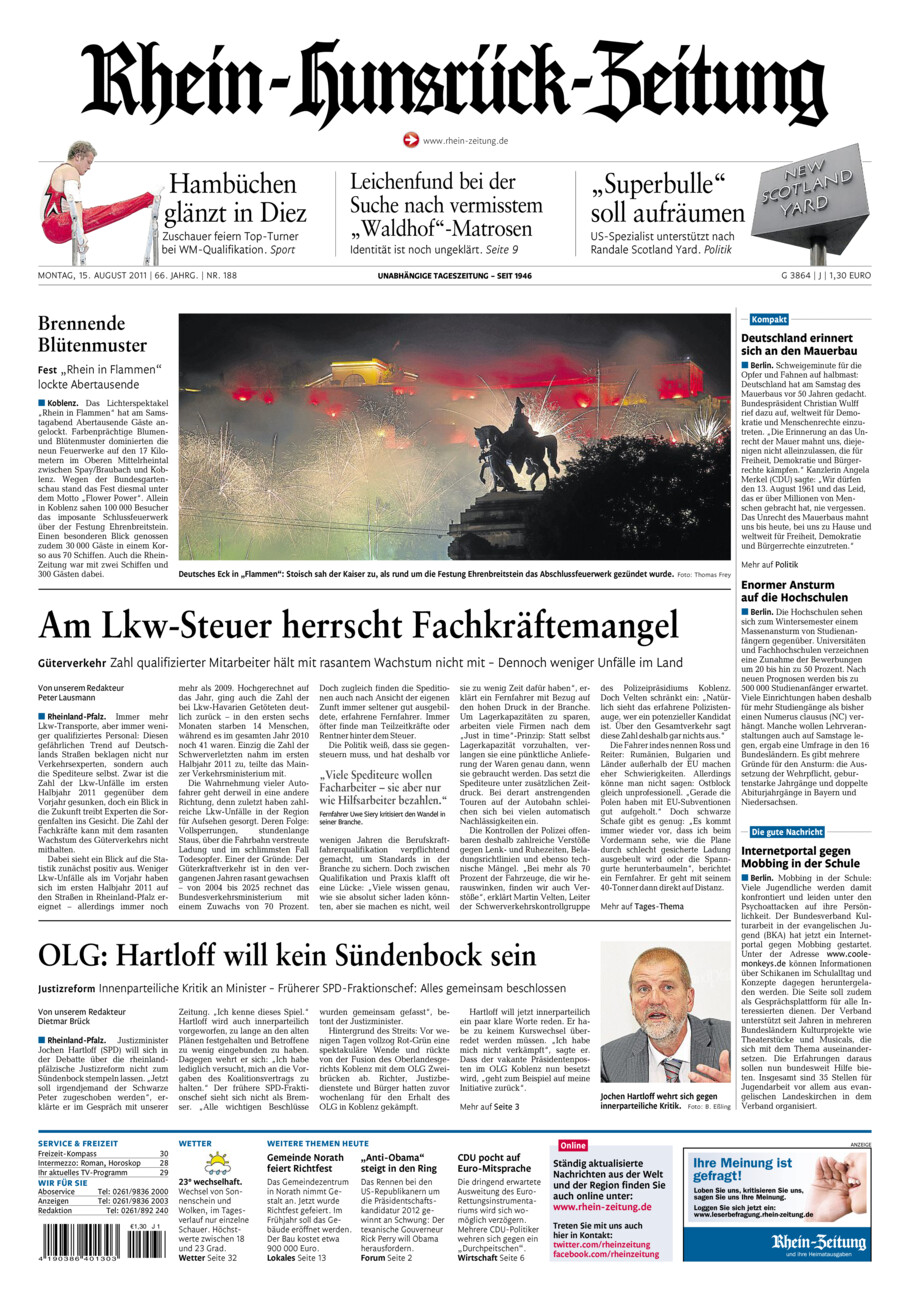 Rhein-Hunsrück-Zeitung vom Montag, 15.08.2011