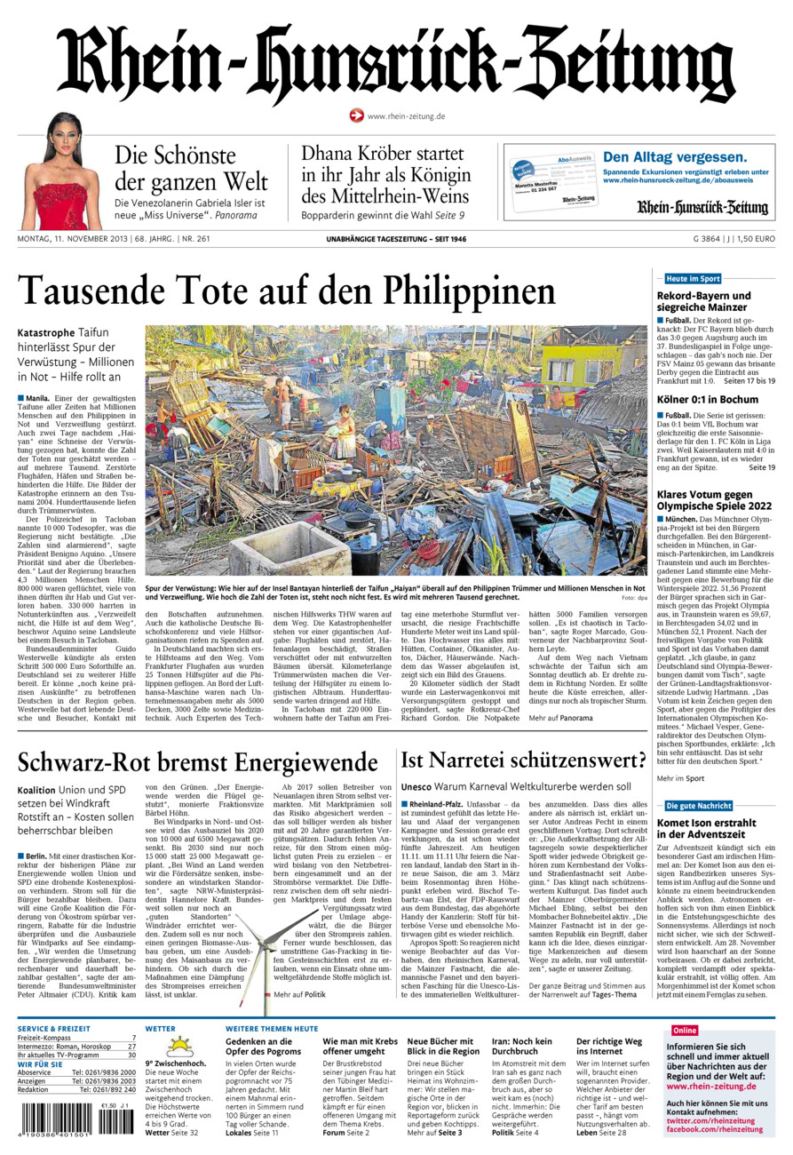 Rhein-Hunsrück-Zeitung vom Montag, 11.11.2013
