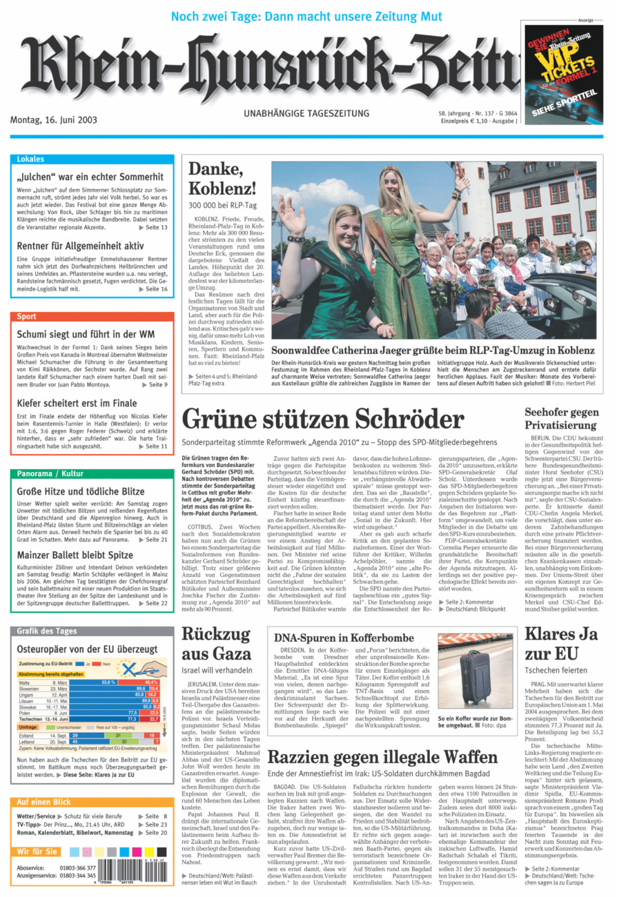Rhein-Hunsrück-Zeitung vom Montag, 16.06.2003