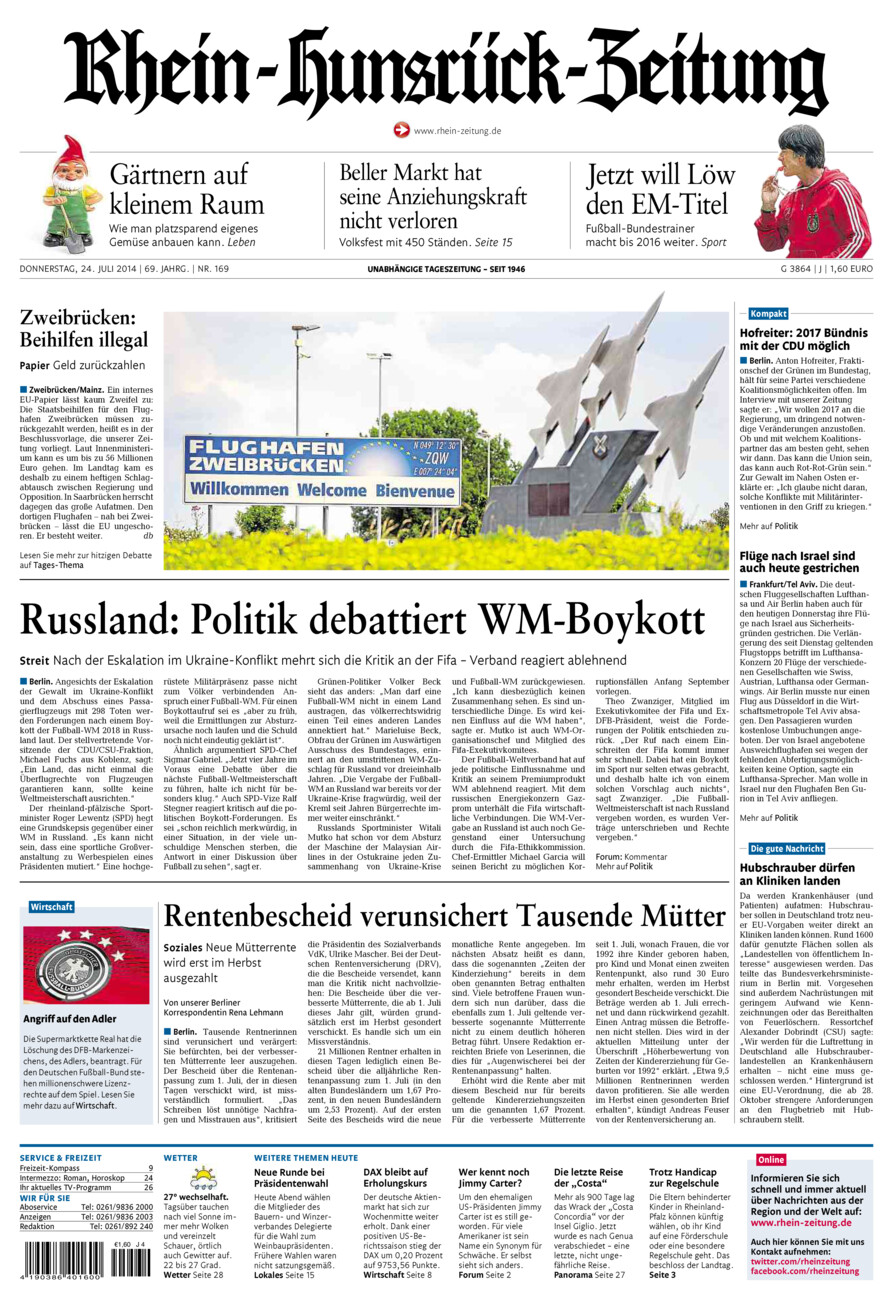 Rhein-Hunsrück-Zeitung vom Donnerstag, 24.07.2014