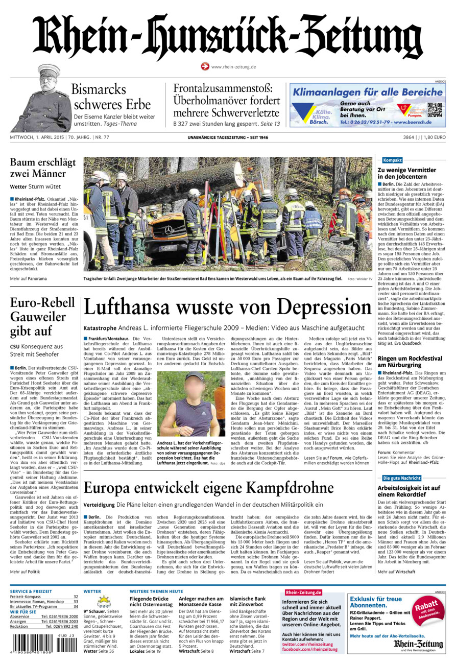Rhein-Hunsrück-Zeitung vom Mittwoch, 01.04.2015