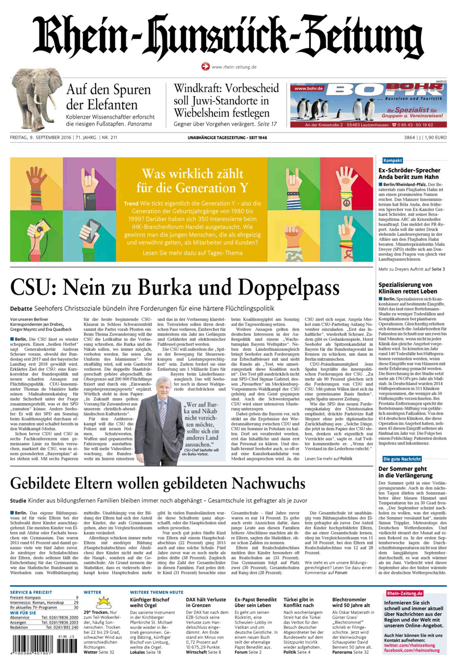 Rhein-Hunsrück-Zeitung vom Freitag, 09.09.2016