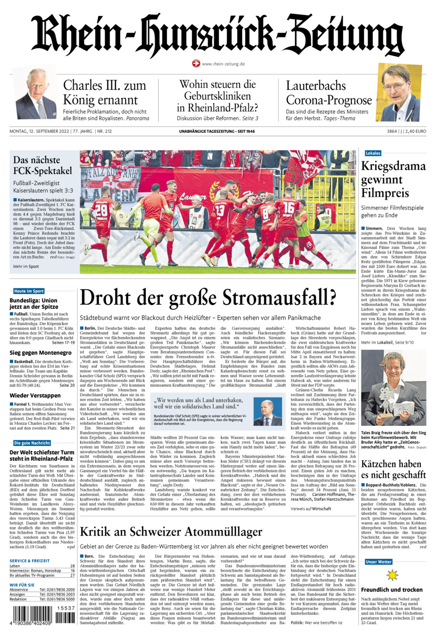 Rhein-Hunsrück-Zeitung vom Montag, 12.09.2022