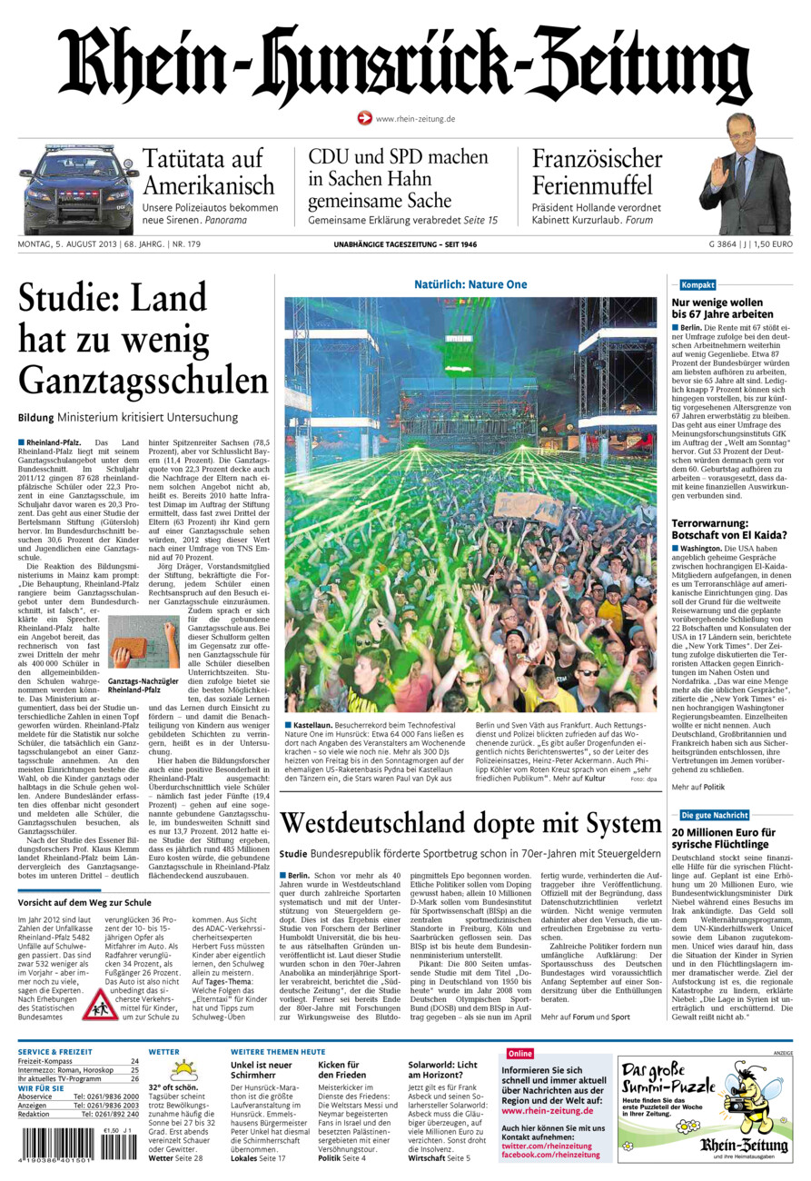 Rhein-Hunsrück-Zeitung vom Montag, 05.08.2013