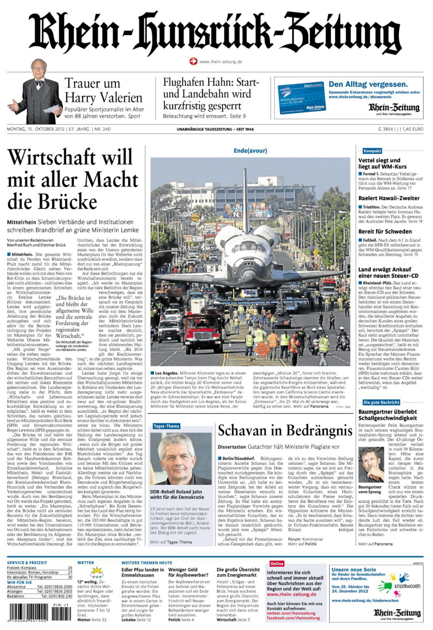 Rhein-Hunsrück-Zeitung vom Montag, 15.10.2012
