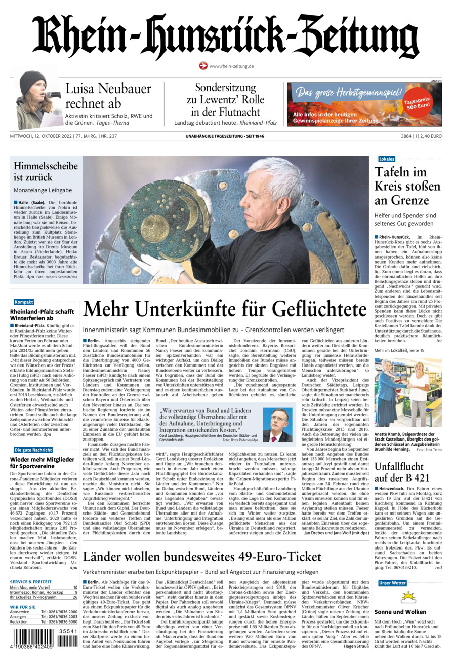 Rhein-Hunsrück-Zeitung vom Mittwoch, 12.10.2022