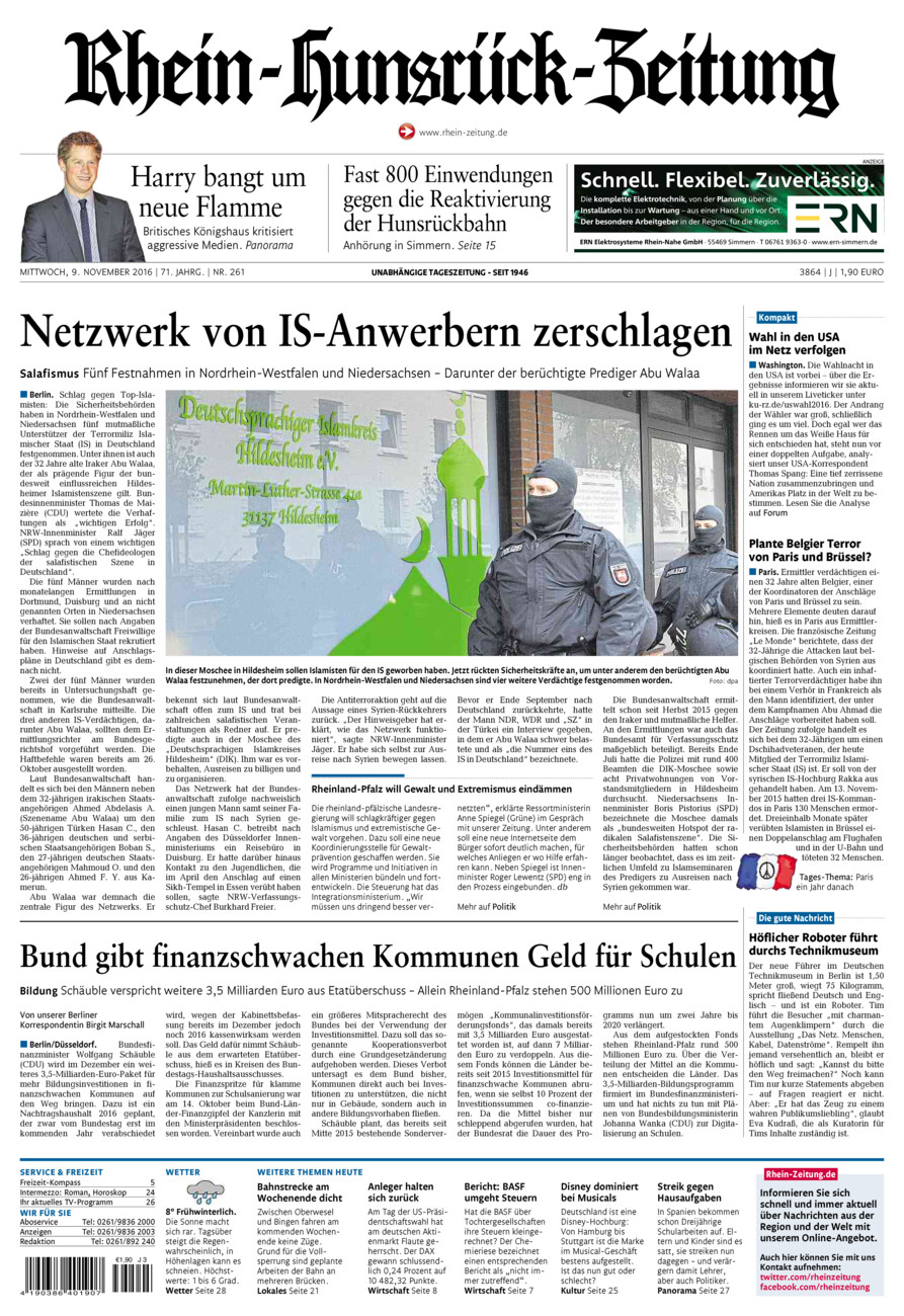 Rhein-Hunsrück-Zeitung vom Mittwoch, 09.11.2016