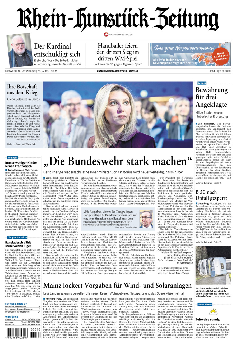 Rhein-Hunsrück-Zeitung vom Mittwoch, 18.01.2023