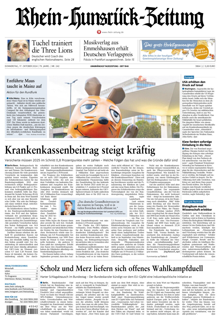 Rhein-Hunsrück-Zeitung vom Donnerstag, 17.10.2024