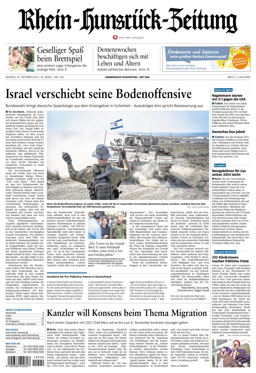 Rhein-Hunsrück-Zeitung vom Montag, 16.10.2023