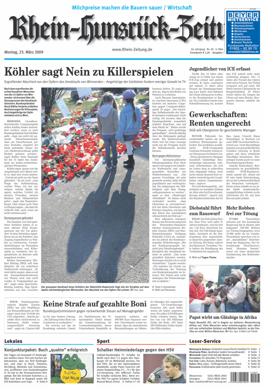 Rhein-Hunsrück-Zeitung vom Montag, 23.03.2009