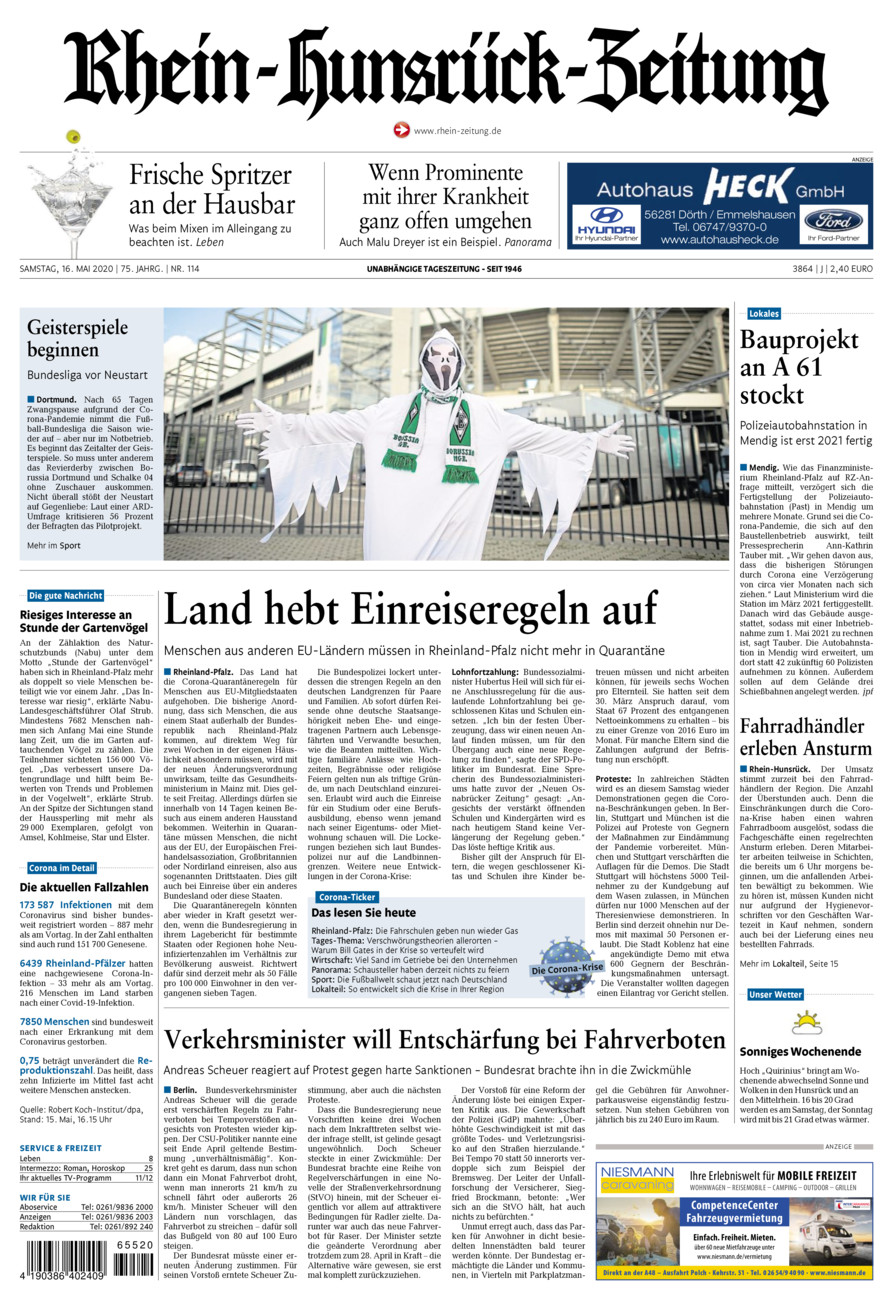 Rhein-Hunsrück-Zeitung vom Samstag, 16.05.2020