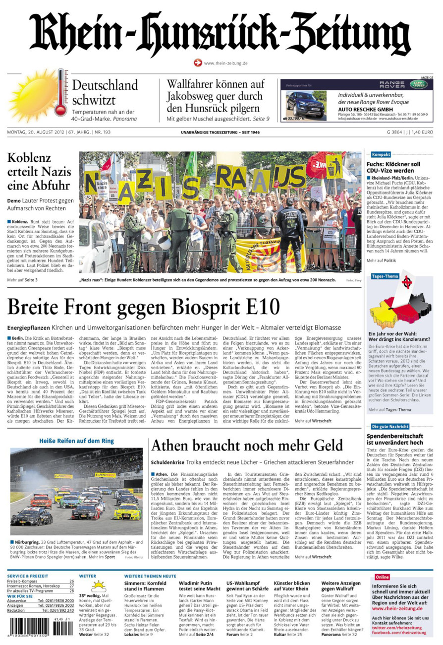 Rhein-Hunsrück-Zeitung vom Montag, 20.08.2012