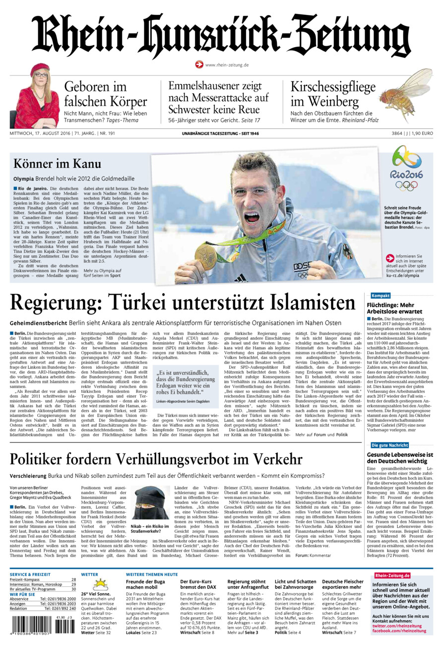 Rhein-Hunsrück-Zeitung vom Mittwoch, 17.08.2016
